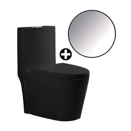 COMBO de Baño: Inodoro One Piece Orange Palermo Negro Mate + Espejo Prisma Borde Negro 60x60cm Soho Carpets