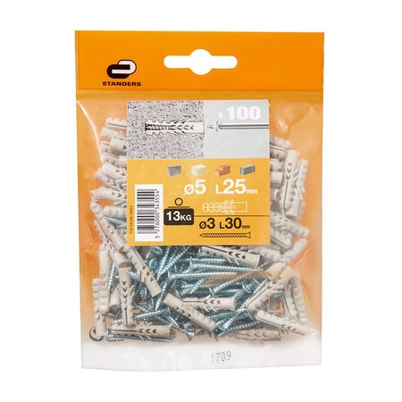 Tornillo + Tarugo 5x25mm x 100 unidades Standers