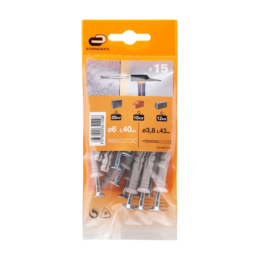 Tornillo + Tarugo 6x40mm x 15 unidades Standers
