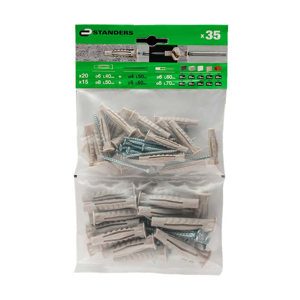 Set tornillo + tarugo 6x40mm x 20und & 8x50mm x 15und Standers