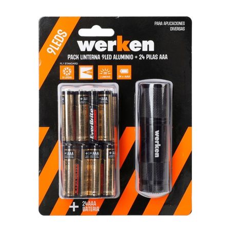 Linterna 9 LED Aluminio + 24 Pilas AAA Werken