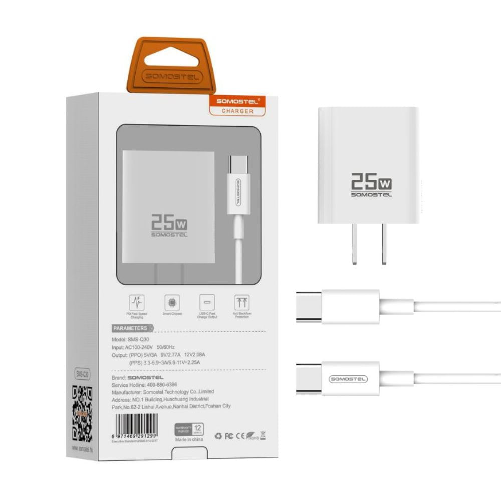 Cargador de Pared Somostel SMS-Q30 25W + Cable USB Tipo C