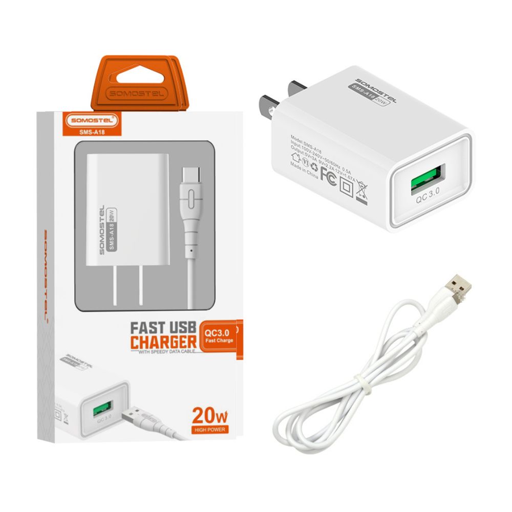 Cargador de Pared Somostel SMS-A18 QC3.0 20W + Cable USB Tipo C