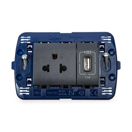 Toma USB + Toma Unipersonal 2P + T Living Light Bticino