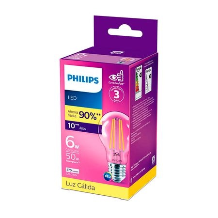 Foco LED Filament 6W E27 Luz Cálida Philips