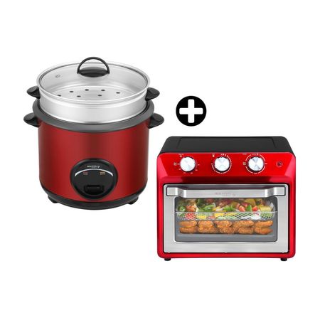 COMBO Holstein: Olla Arrocera HH-09171002R Roja con Vaporera 2.5L + Horno con Freidora de Aire Roja 20L