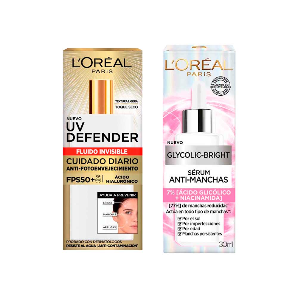 Pack L'ORÉAL Bloqueador UV Defender Fluido Invisible FPS50 40g + Serum Anti-manchas Ácido Glicólico 30ml