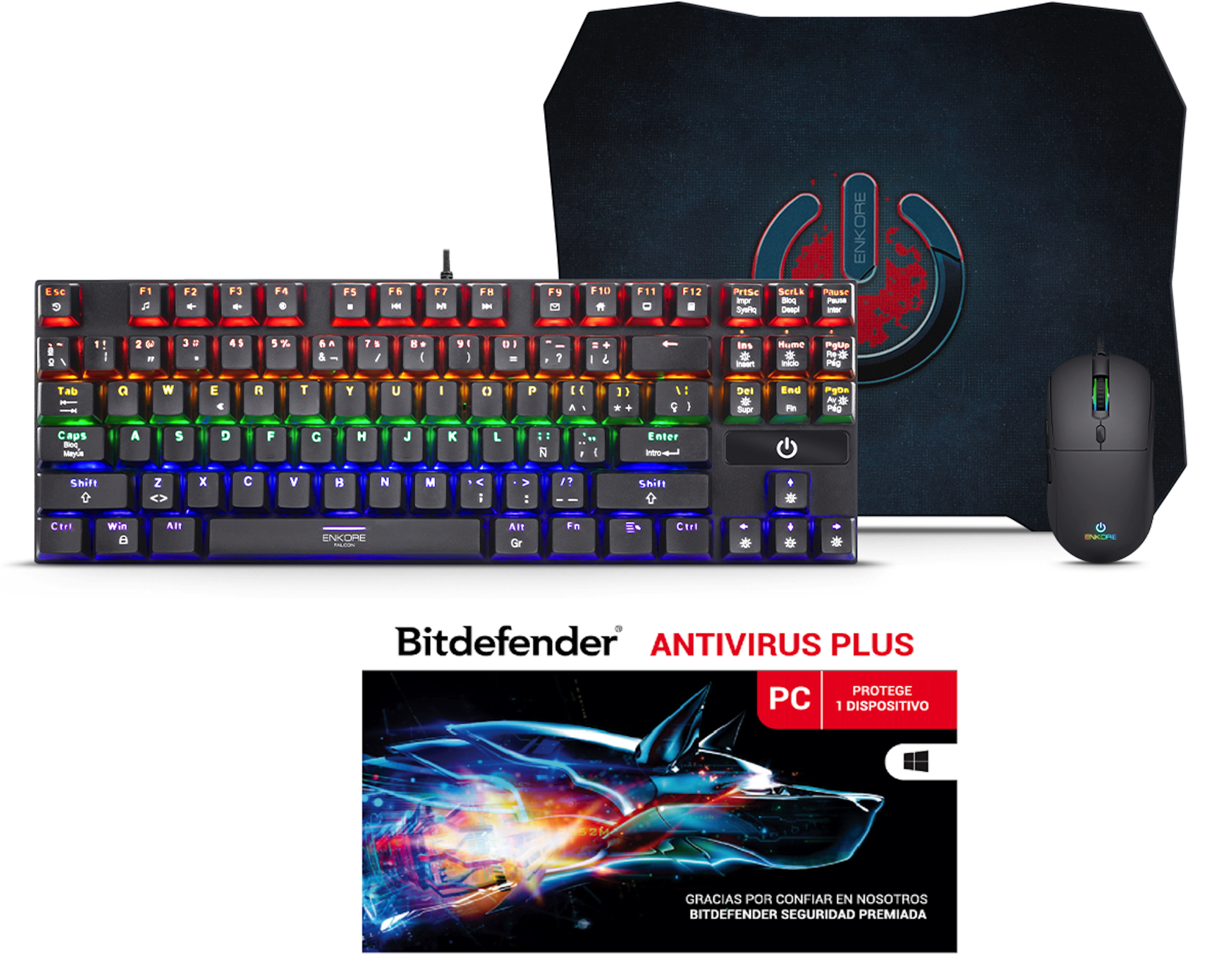 Kit ENKORE Teclado Mecánico 87 Teclas + Mouse Gamer 7 Botones 7200 Dpi + Mouse Pad Gamer + Antivirus BITDEFENDER 1Pc 12 Meses G2000AV Negro