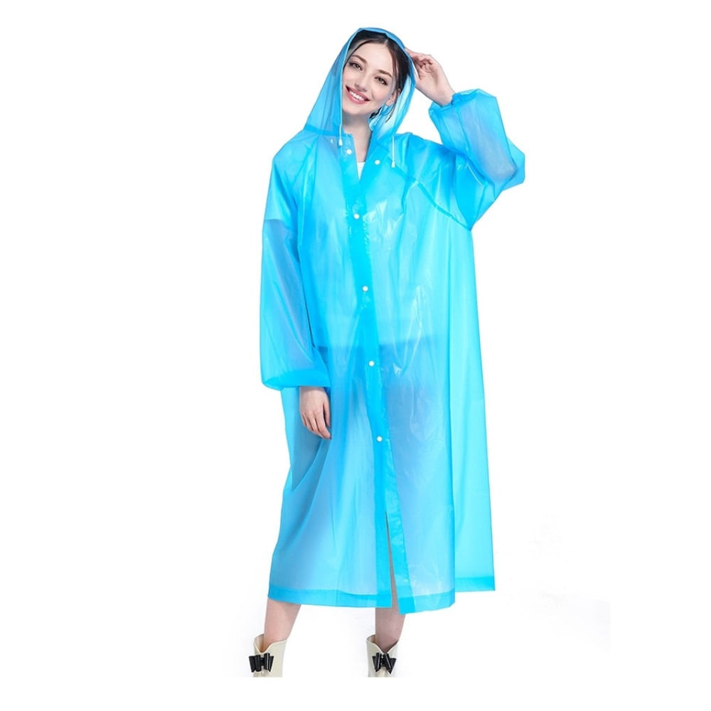 Poncho Para Lluvia Ligero Impermeable con Manga Capucha y Botones - AZULINO