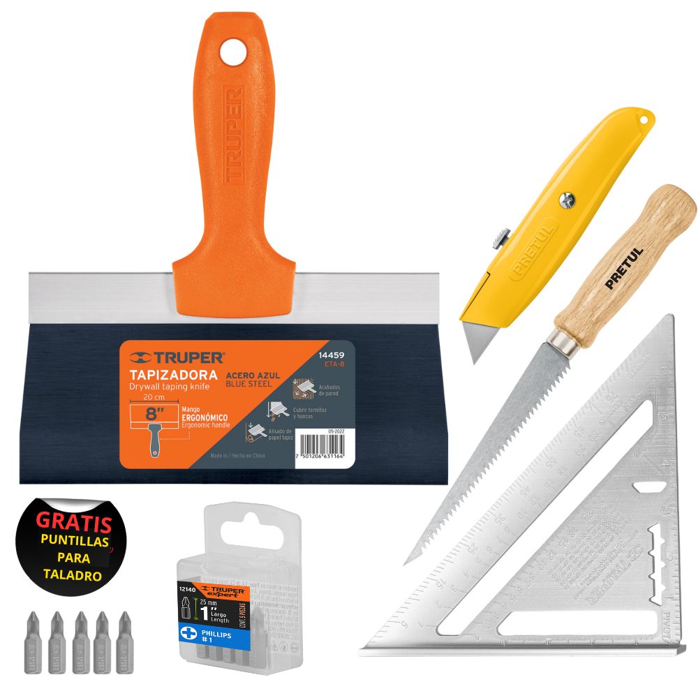 Kit herramientas drywall espÁtula serruchin escuadra cuter y