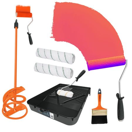 kit Rodillo para pintar 4 unidades, 1 revolvedor, 1 Bandeja, 1 Brocha