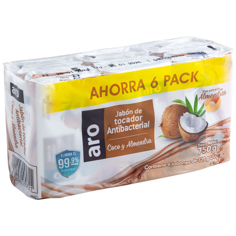 Jabón Antibacterial Coco y Almendra ARO Sixpack 750g