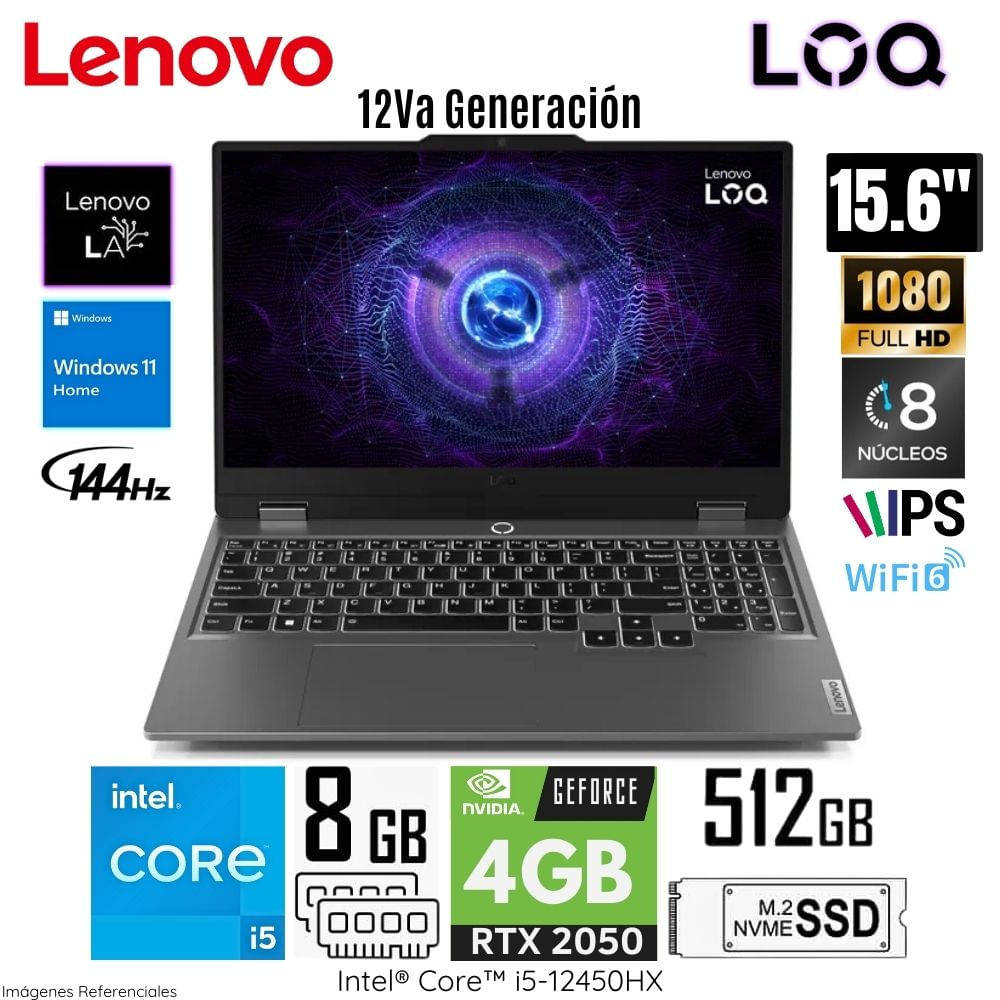 Laptop Gamer Lenovo LOQ Intel Core i5-12450HX 8GB RAM 512GB SSD 15.6"" FHD RTX2050-4GB 83GS004LLM