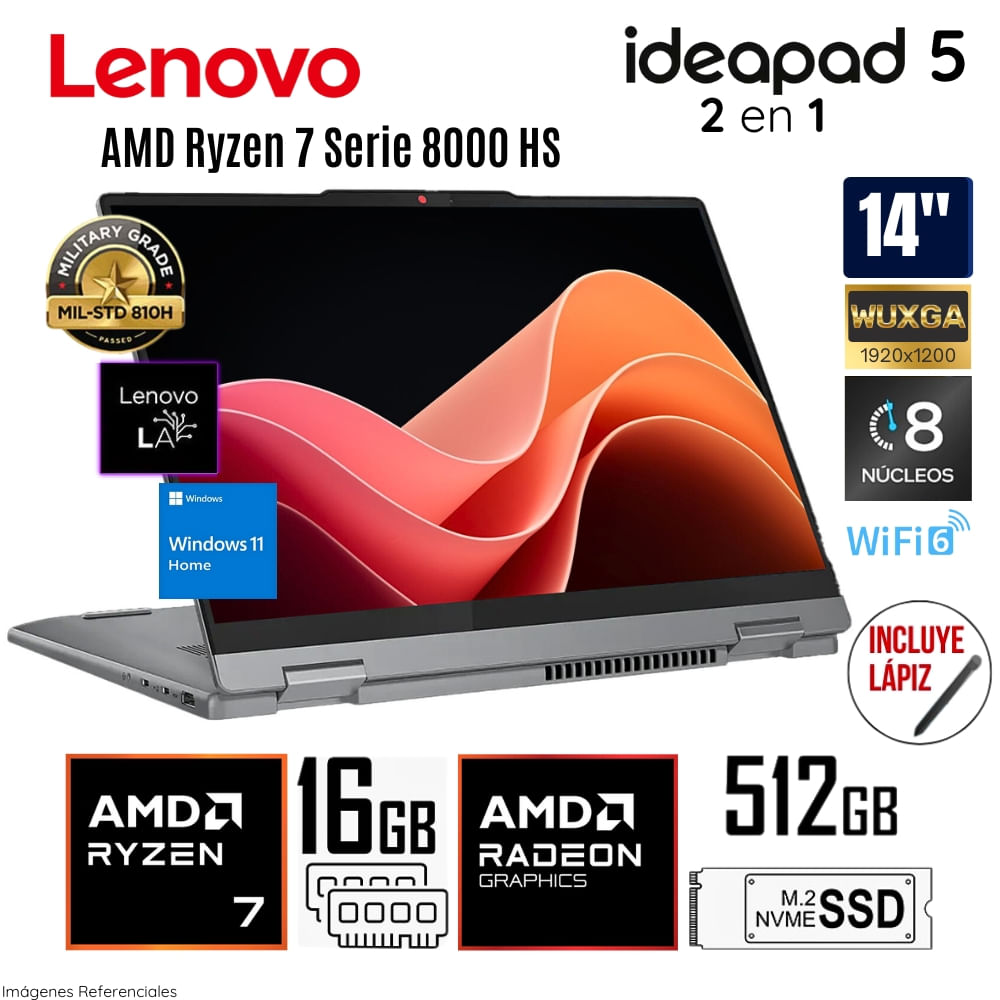 Laptop Lenovo Ideapad 5 2 en 1 AMD Ryzen 7-8845HS 16GB LPDDR5 RAM 512GB SSD 14"" WUXGA 83DR005ULM