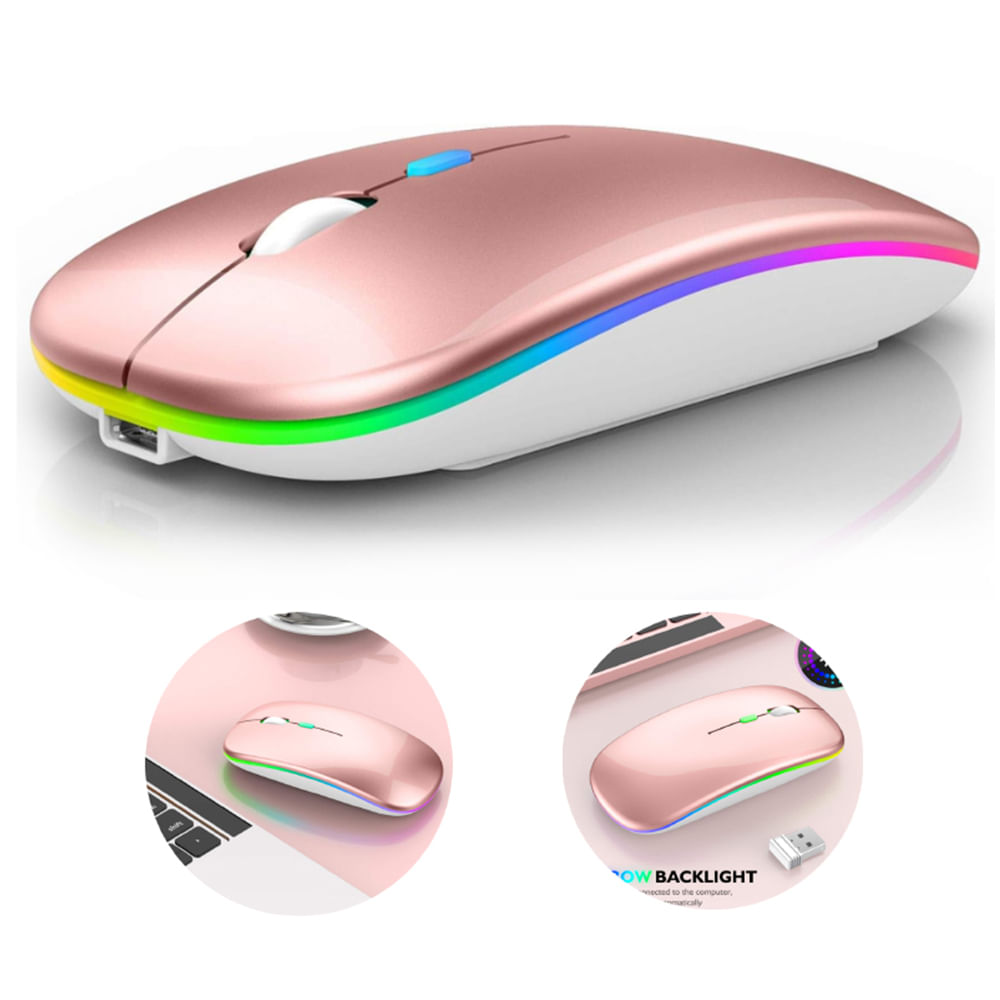 Mouse Recargable Dual Bluetooth Luces RGB Recargable - Rosa