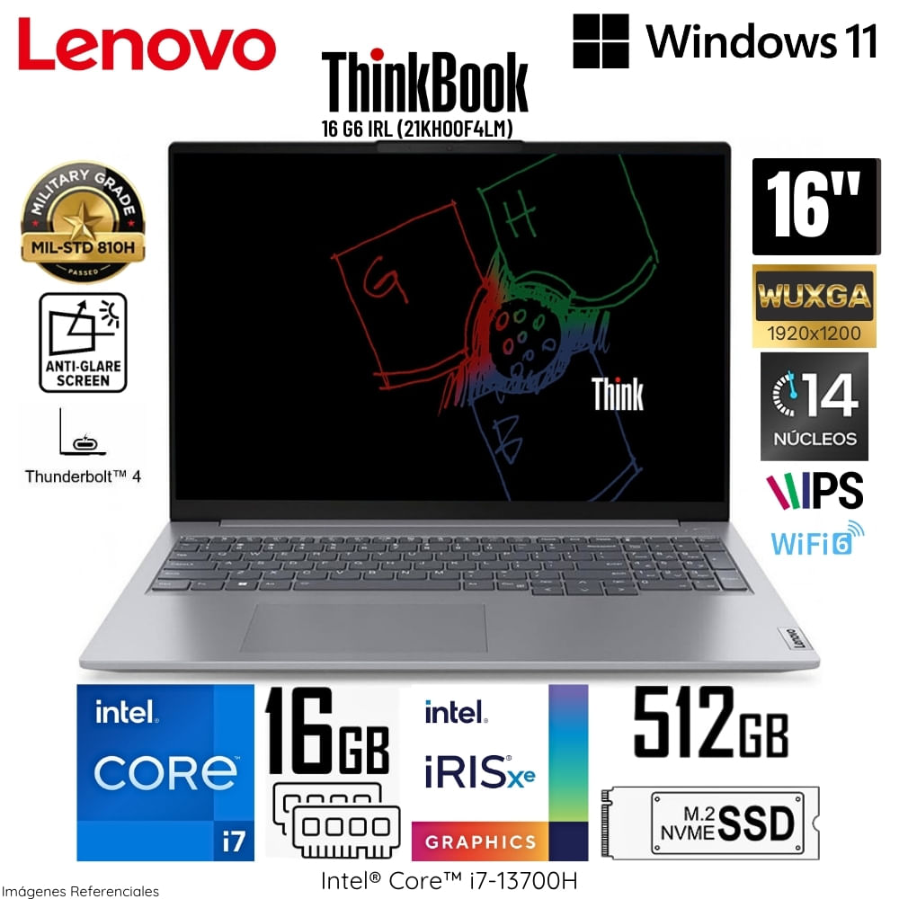 Laptop Lenovo ThinkBook 16 G6 IRL Intel CoreI7-13700H 16GB RAM 512GB SSD 16"" WUXGA 21KH00F4LM