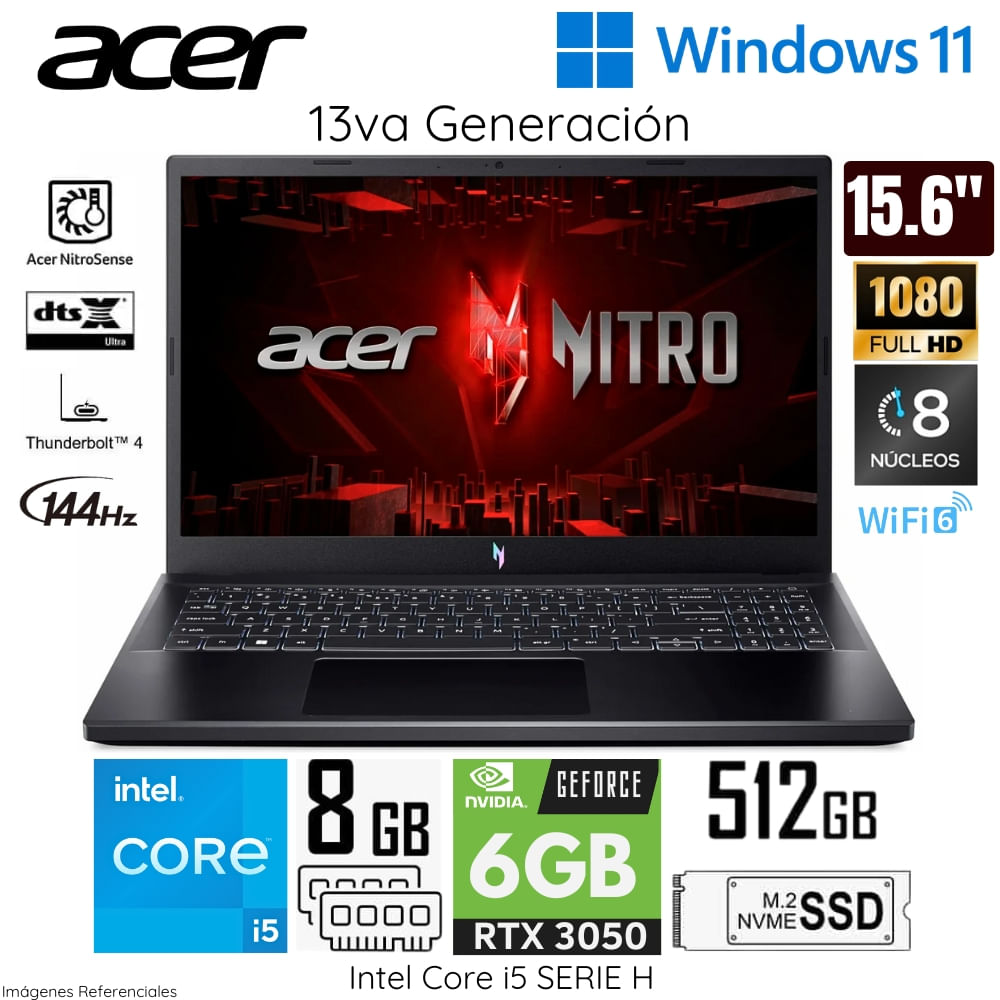 Laptop Gamer Acer Nitro V15 Intel Core i5-13420H 8GB RAM 512GB SSD 15.6"" FHD RTX3050 ANV15-51-56GH