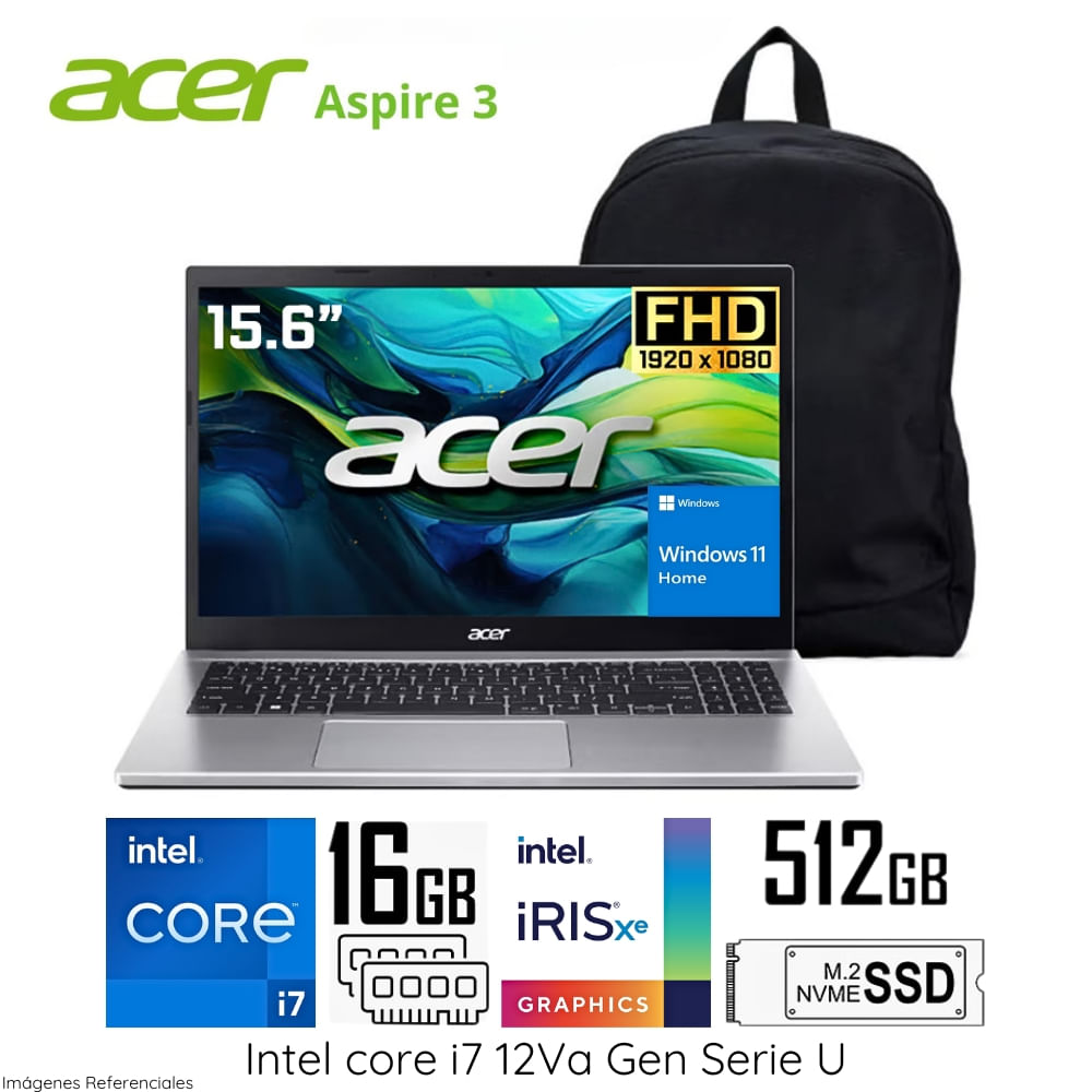 Laptop Acer Aspire 3 A315-59-7930 Intel Core i7 1255U 16GB RAM 512GB SSD 15.6"" FHD Win 11 + Mochila