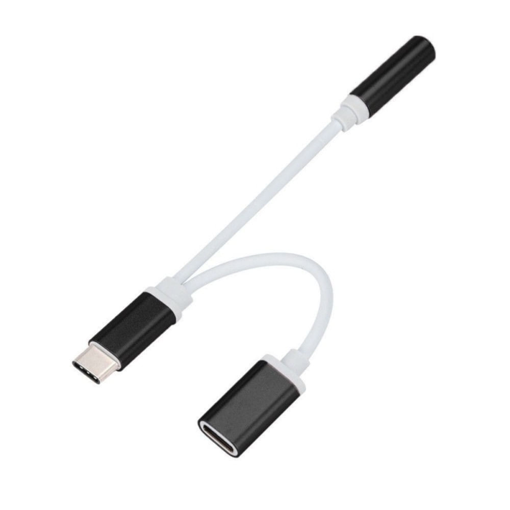 Cable Adaptador Usb-C a Plug Jack 3.5mm de Audio + Cargador Usbc Tipo C Blanco con Negro