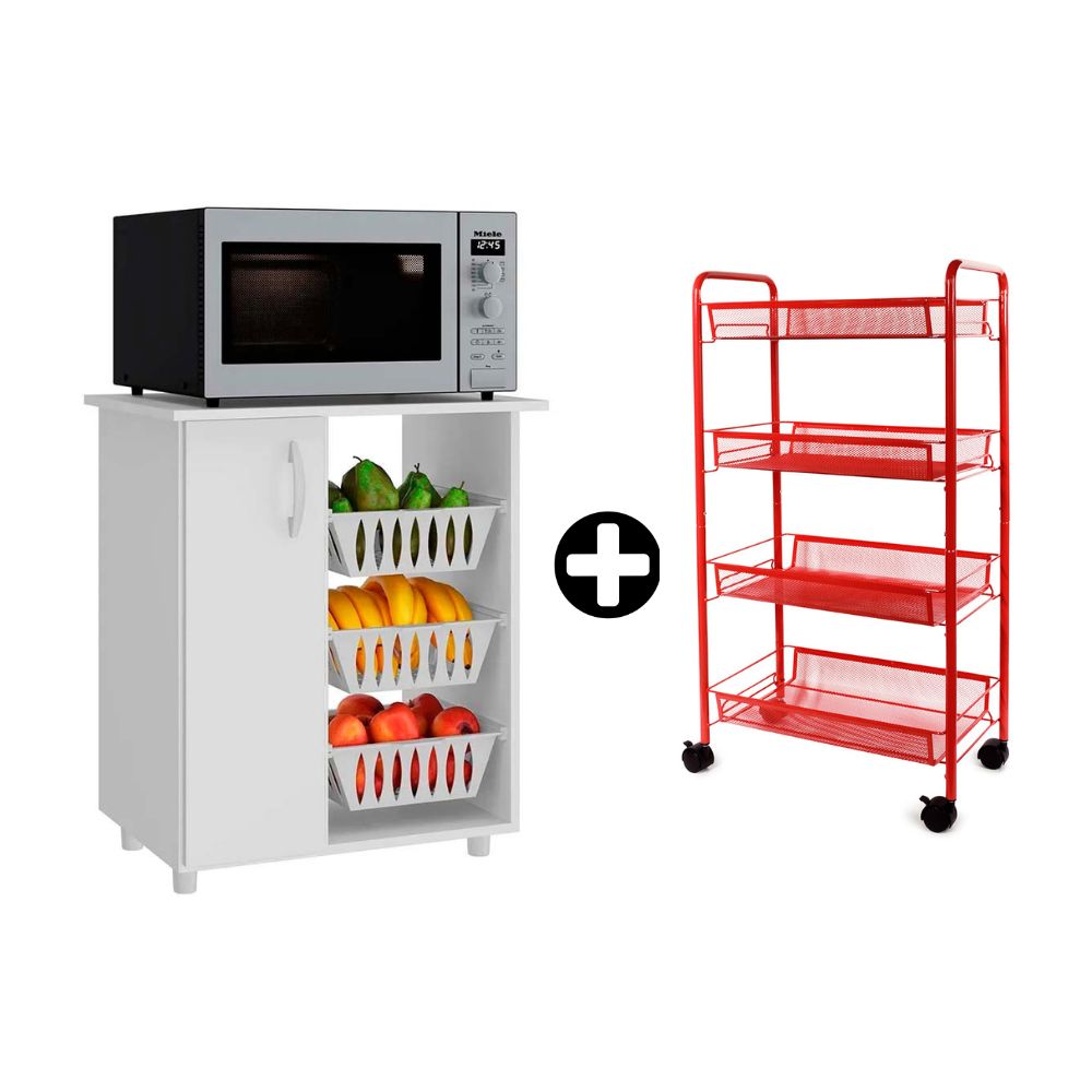 COMBO Orange: Mueble Multiuso para Microondas Dalia MDP 1 Puerta Blanco + Carrito para frutas y verduras Rojo