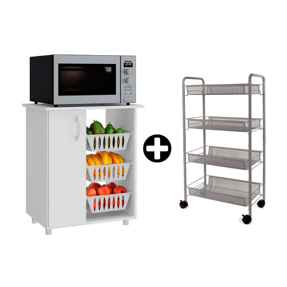 COMBO Orange: Mueble Multiuso para Microondas Dalia MDP 1 Puerta Blanco + Carrito para frutas y verduras Gris