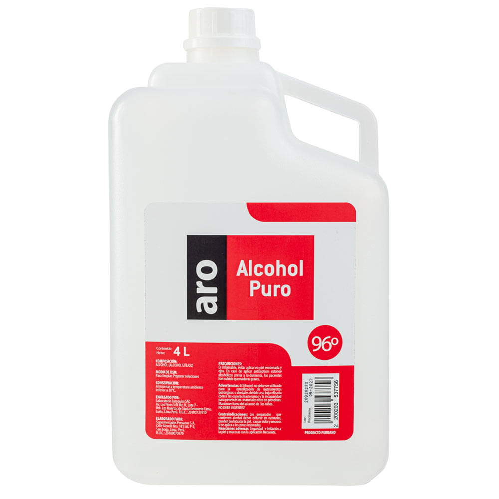 Alcohol Puro 96° ARO Frasco 4L