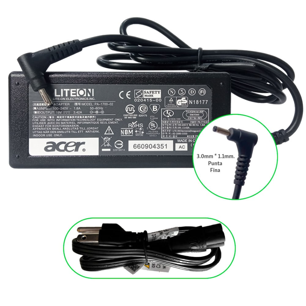 Cargador Acer Aspire ( Punta Fina ) - 19v 3.42a 65w