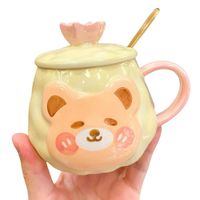 Taza Con Tapa y Cuchara Diseños De Osos Kawaii Beige  256TBG01