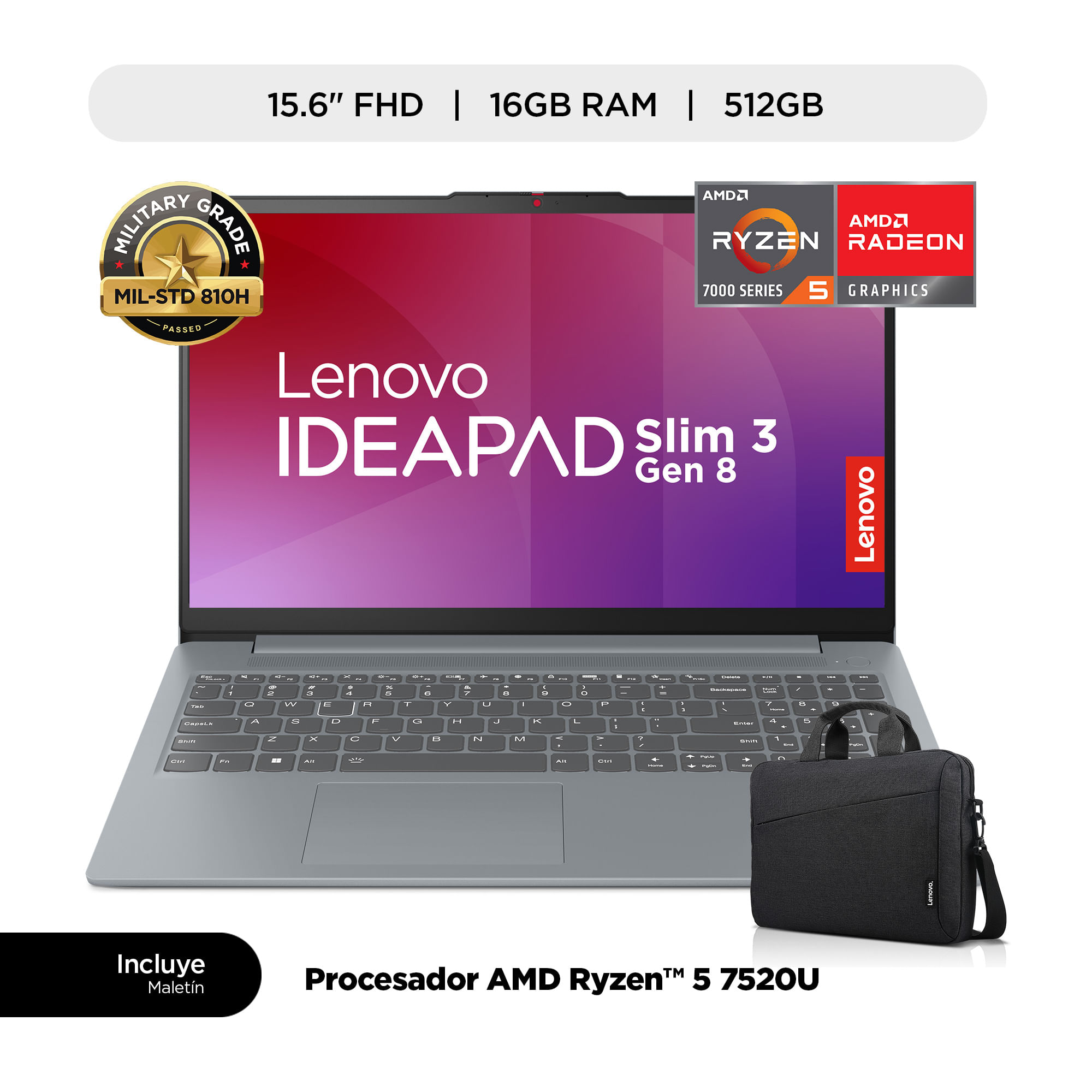 Notebook LENOVO Slim 3 15.6"" AMD Ryzen 5 16GB 512GB SSD + Maletín