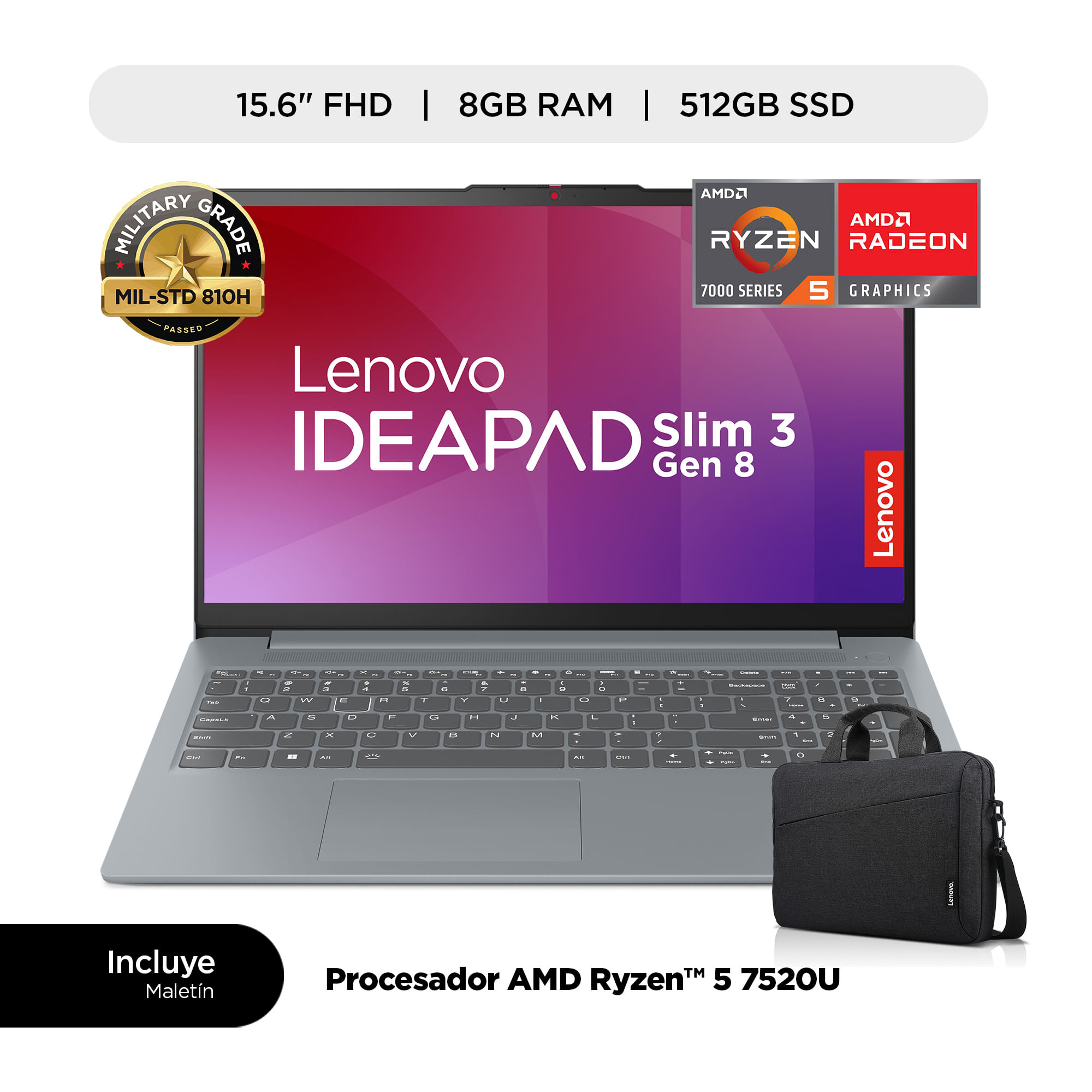 Notebook LENOVO Slim 3 15.6"" AMD Ryzen 5 8GB 512GB SSD + Maletín