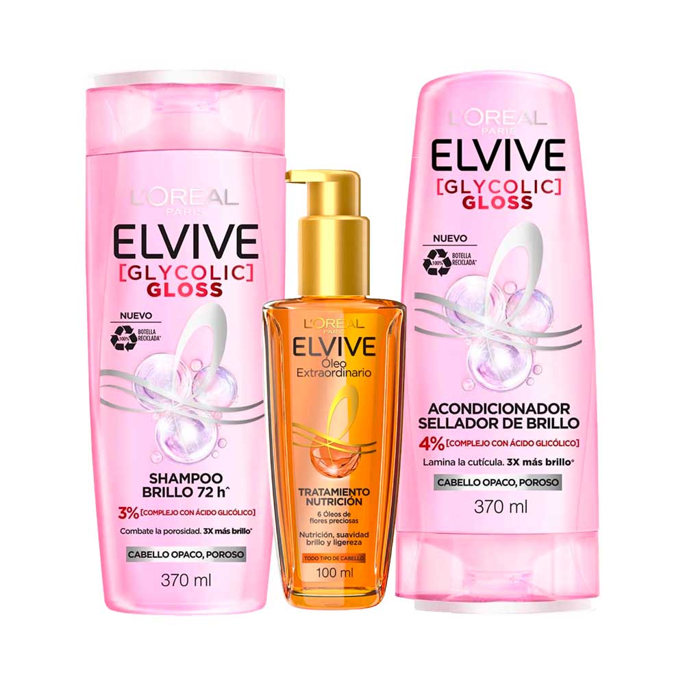 Pack ELVIVE Shampoo Glycolic Gloss Frasco 370ml + Aceite Óleo Extraordinario Frasco 100ml + Acondicionador Glycolic Gloss Frasco 370ml