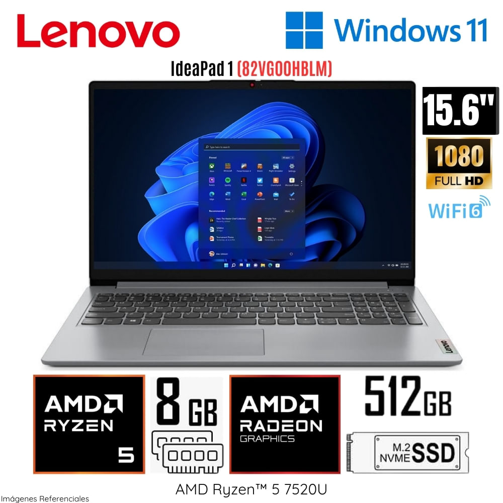 Laptop Lenovo Ideapad 1 15AMN7 AMD Ryzen 5-7520U 8GB RAM 512GB SSD 15.6"" FHD 82VG00HBLM