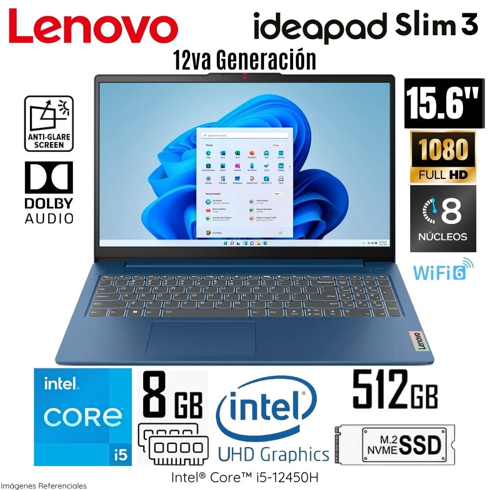 Laptop Lenovo Ideapad Slim 3 15IAH8 Intel Core i5 12450H 8GB RAM 512GB SSD 15.6"" FHD 83ER001CLM