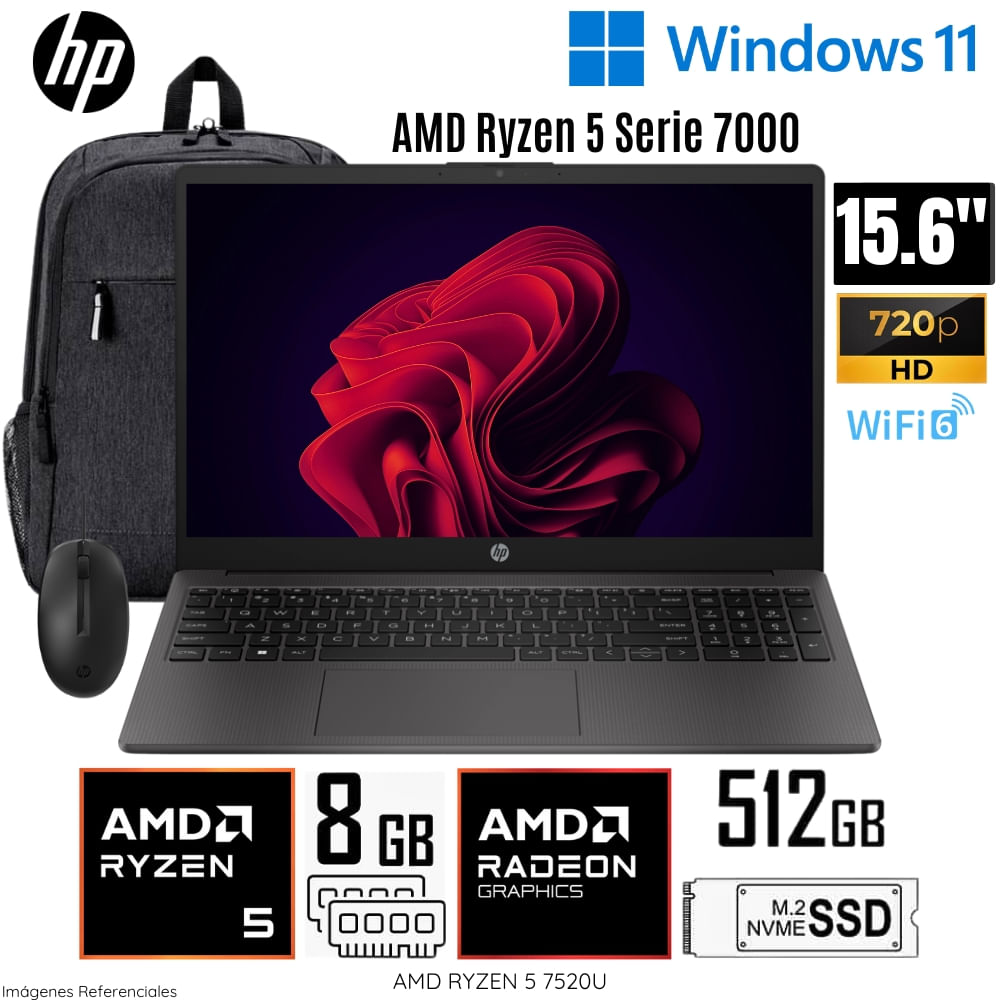 Laptop HP 255 G10 AMD Ryzen 5-7520U 8GB RAM 512GB SSD 15.6"" HD + Mochila y Mouse HP (A12HBLT#ABM)