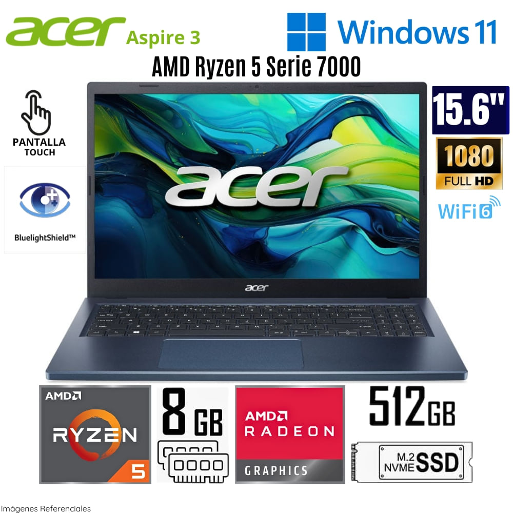Laptop Acer Aspire 3 Ryzen 5-7520U 8GB RAM 512GB SSD 15.6"" FHD Win 11 A315-24PT-R85K