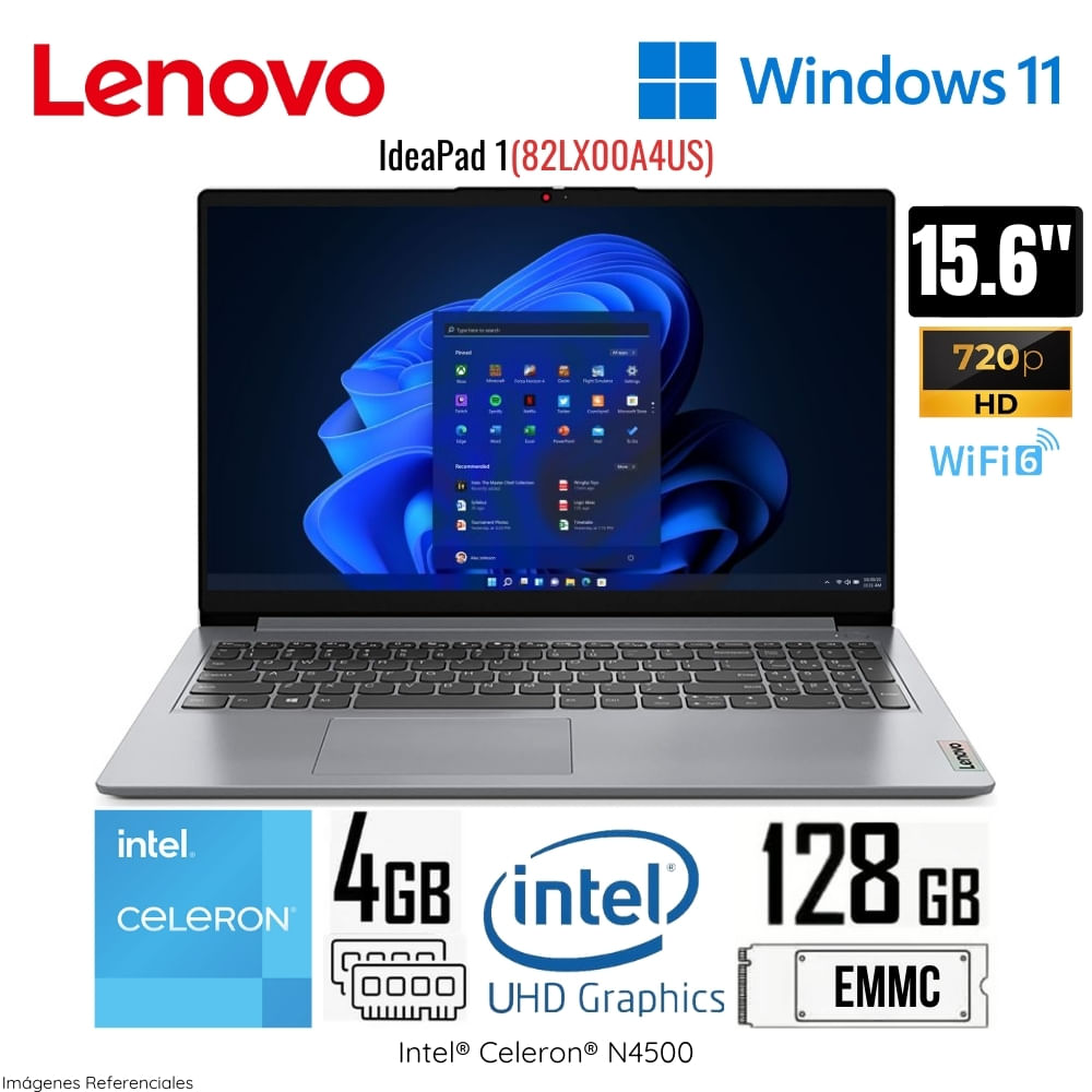 Laptop Lenovo Ideapad 1 15IJL7 Intel Celeron N4500 4GB RAM 128GB EMMC 15.6"" HD Win 11 82LX00A4US