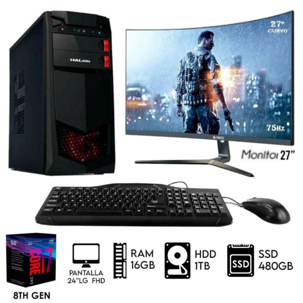 Computadora Pc Intel Core I7-8TH Monitor 27 FHD Ram 16GB Disco 1TB+SSD 480GB Case 350W