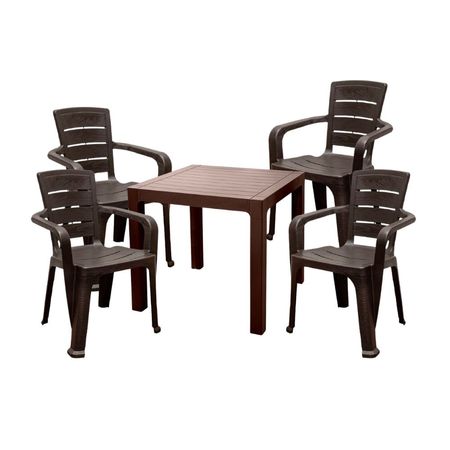 COMBO Terraza Reyplast: Mesa Roble tipo madera 80x80cm + 4 Sillas Teca con brazos tipo Madera