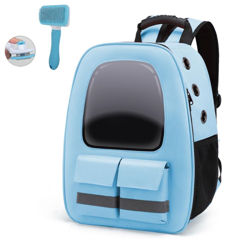 Mochila para Mascotas con Cepillo Quita Pelos Celeste