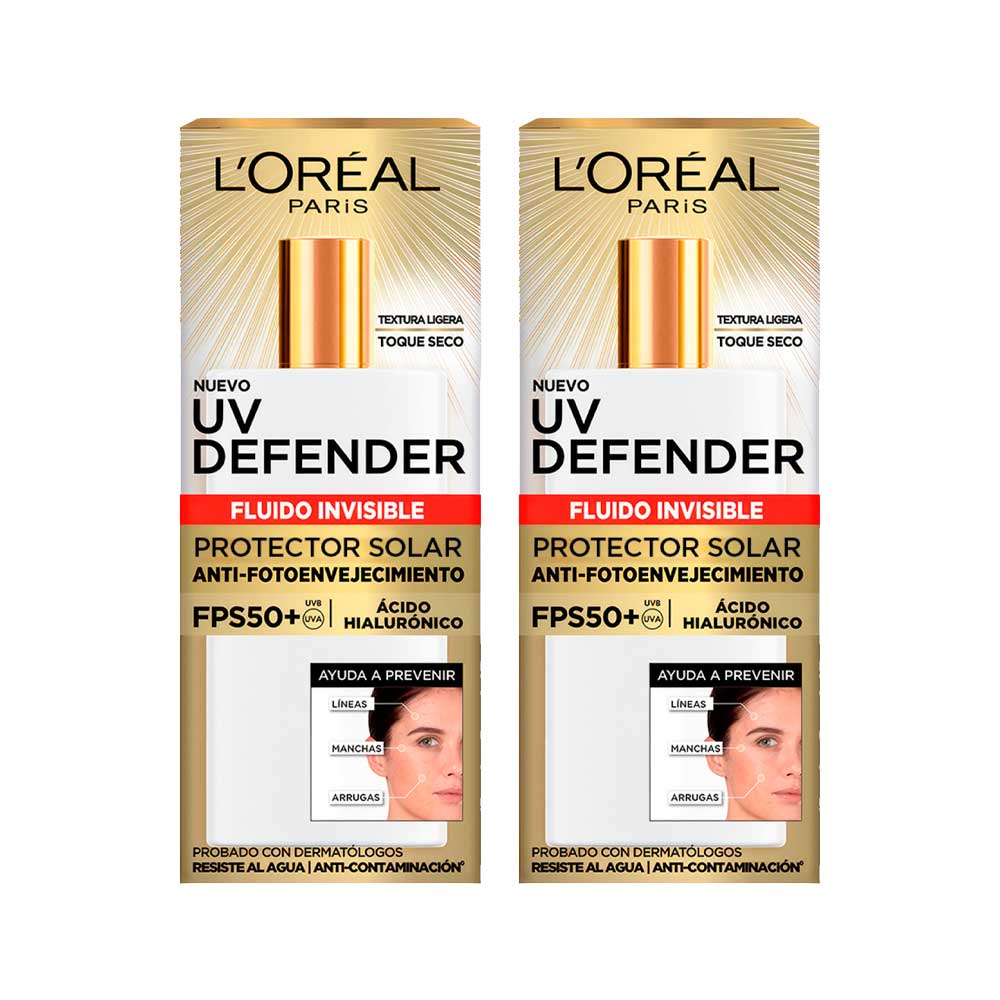 Pack Bloqueador UV Defender L'ORÉAL Fluido Invisible FPS50 Frasco 40g Paquete 2un