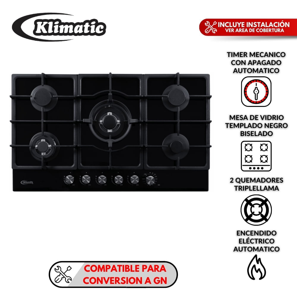 Cocina Empotrable Aosta 90 Pro 5 hornillas Negro