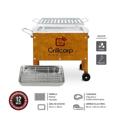 Caja China Chica Premium Caoba + Parrilla de Platinas Niqueladas + Carbón 2kg + Pack Inti 50x30x45 cm