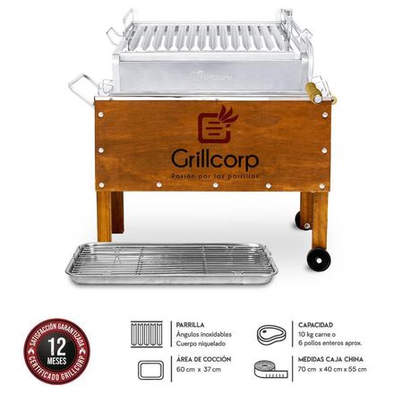 Caja China  Mediana Premium + Parrilla con Sistema de levante Niquel/Inox 70x40x55cm