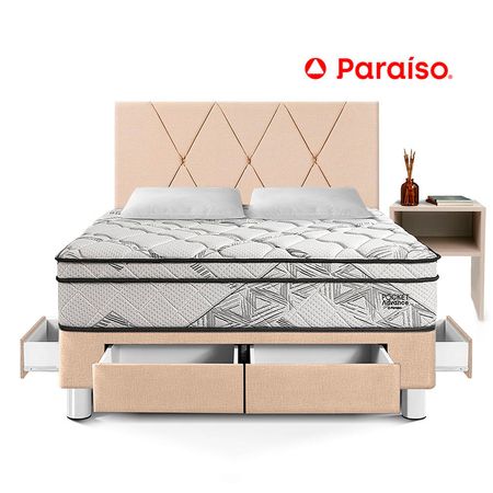 Dormitorio Pocket Advance 2 Plazas con Cajones + Velador Repisa Champagne