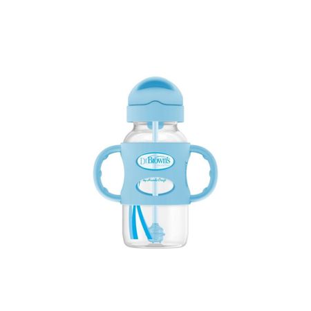 Biberón Para Bebe Dr Browns De Transición Con Cañita Y Asas De Silicona Boca Ancha 9 Oz/270Ml Color Azul