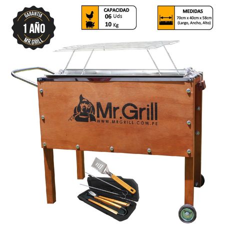 Caja China Mediana Mr. Grill Premium Acero Inox + Parrilla + Set Utensilios X 4