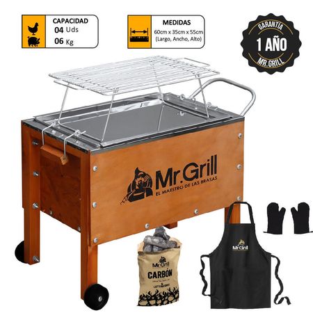 Caja China Mediana Mr. Grill Jr Acero Inox + Parrilla + Mandil + Guantes + Carbon
