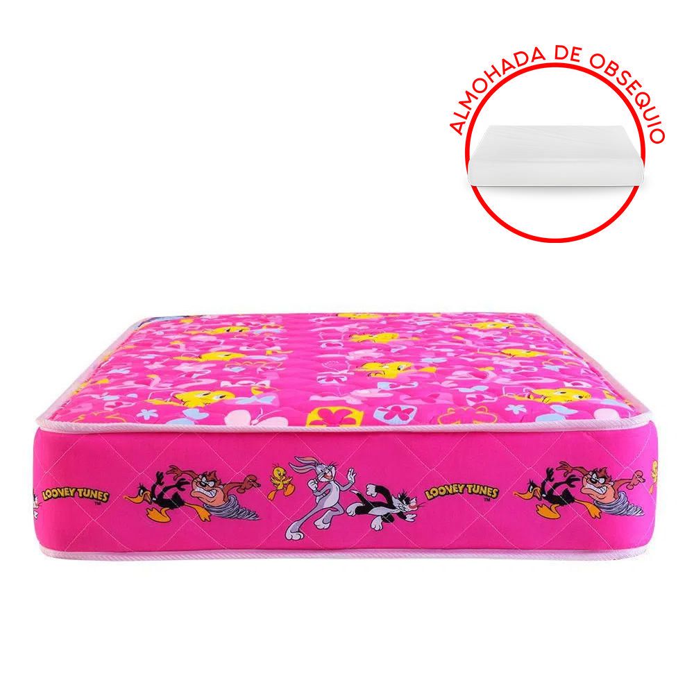Colchón Forli Looney Tunes Rosad 1.5 Plazas + 1 Almohada + 1 Protector