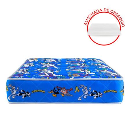 Colchón Forli Looney Tunes Azul 1.5 Plazas + 1 Almohada + 1 Protector