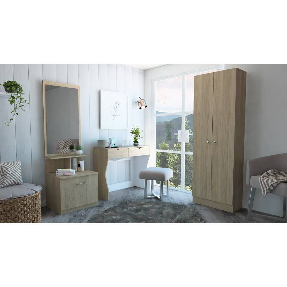 Mueble De Tocador + Velador C.Espejo + Closet 2P - Rovere / Blanco